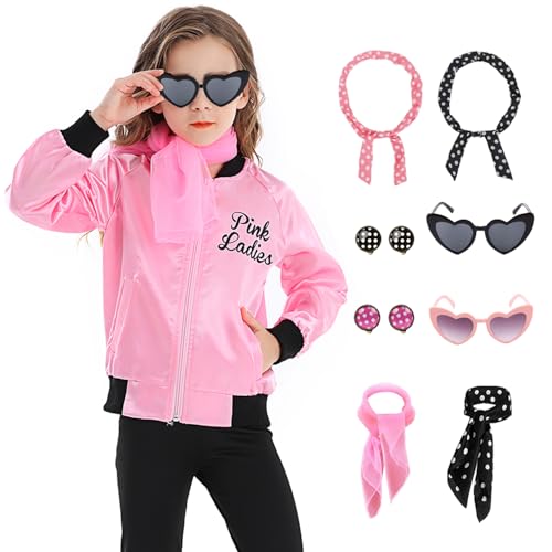 1950s Pink Ladies Girls Grease Costume Kids Satin Jacket Halloween Costumes with 10Pcs Accessories Polka Dot Scarfs Headband Earring Glasses MS060S