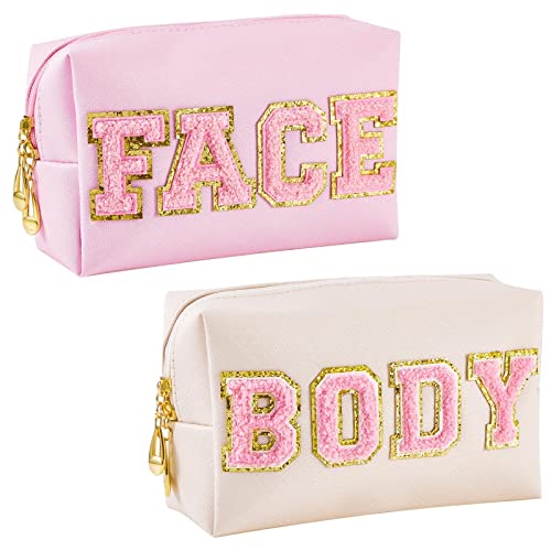 2 Pcs Preppy Patch Makeup Bag Small Chenille Letter Cosmetic Bag Pu Leather Waterproof Toiletry Bag Portable Skin Makeup Pouch Preppy Organizer Accessory for Women Girls Travel, 2 Colors (Body, Face)