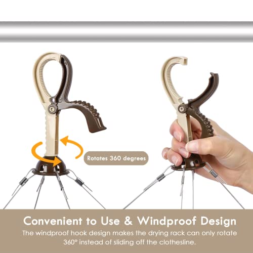 ANVINKU Aluminum 32 Pegs Folding Sock Drying Rack, Windproof Hook, Underwear & Baby Clothes Airer (Dark Brown) - Image 5