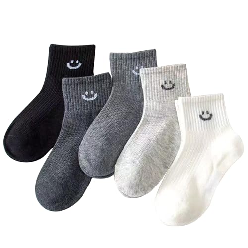 Nanmuir Toddler Boys Girls Crew Socks, Happy Face Unisex Kids Soft Cotton Solid Color Dress Ankle Socks, Pack of 5 (US, Age, 2 Years, 4 Years, Black+White+Grey+Deep Grey+Light Grey)