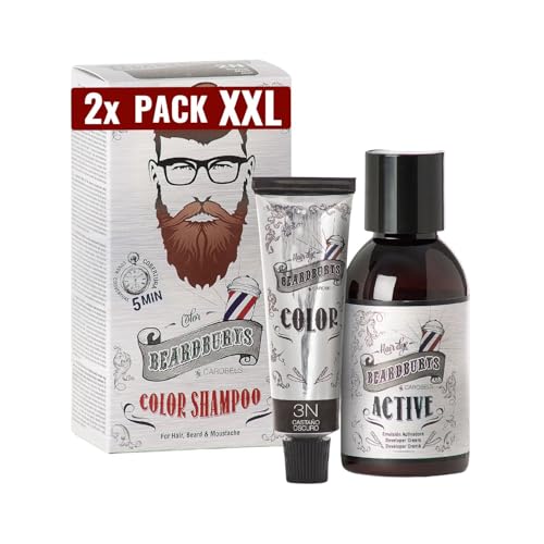 Beardburys Color Shampoo | Pack 2 Tinte de Barba y Cabello Castaño Oscuro en champú, Elimina las Canas y Cuida la Barba, Semipermanente, Sin Parabenos - 150ml