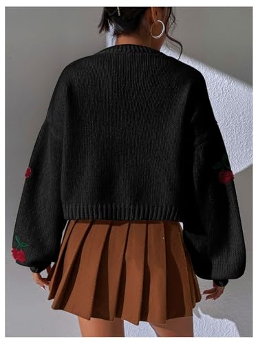 Image of GORGLITTER Women's Cherry Cropped Cardigan Sweaters Open Front Long Sleeve Cute Chunky Knit Short Cardigan Trendy
