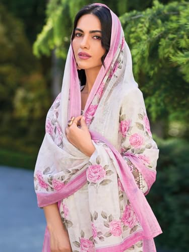 Image of INDO ERA Women's Straight Linen Floral Embroidered Kurta Pant with Dupatta Set (IEOUT9902)