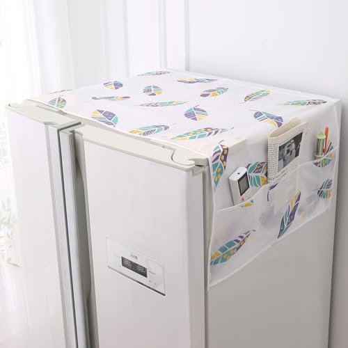 Image of HOKIPO Large Fridge Cover Top | For Bigger Double Door Refrigerator | Waterproof, Printed with 6 Side Pockets, Size Large 180x62 cm, Boho Feathers (AR-5876-D5)