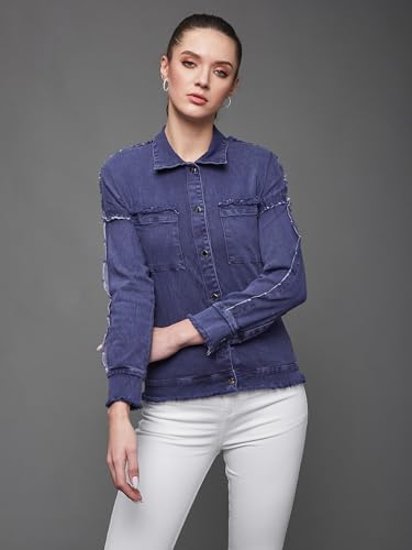 Image of Miss Chase Women's Polo Neck Full Sleeves Patch Pocket Denim Overcoat Knee-Length Jacket