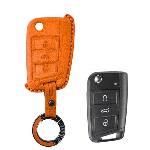 Image of KMH Alcantara Car Key Cover Compatible with Volkswagen Polo Vento Jetta Ameo Passat and Skoda Rapid Laura Superb Octavia Fabia Yeti 3 Button Shell Case Keycover with Keychain (D1) Orange - Pack of 2