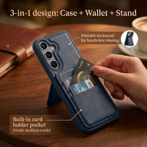 Image of amazon basics Premium Vegan Leather Back Cover with Card Holder and Integrated Mobile Stand for Samsung Galaxy S26 5G - Slim Shockproof Wallet Case with Geometric Stitching [Blue]