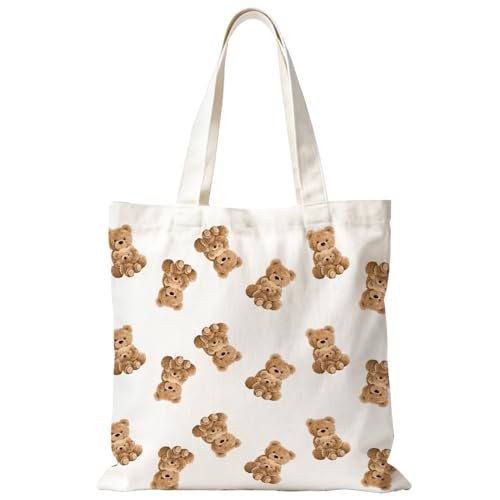 YRDBGHZDF Cute Brown Bear Tote Bag Gifts for Bear Lovers Canvas Tote Bags Animal Aesthetic Reusable Grocery Shopping Bag