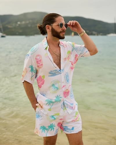Image of Men's Polyester fabric solid Printed Co-Ord Set for men Floral Print Short Sleeve Shirt with Drawstring Shorts Casual Summer Wear, Beach & Vacation Outfit for Men