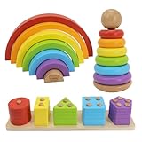 Nene Toys Montessori Holzspielzeug ab 1 Jahr – FSC 3-in-1 Regenbogen, Stapelturm & Sortier-Steckspiel – Motorikspielzeug Kleinkinder 1–3 Jahre – Geschenk Jungen Mädchen – Klassische Farben