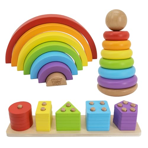 Nene Toys Montessori Holzspielzeug ab 1 Jahr – FSC 3-in-1 Regenbogen, Stapelturm & Sortier-Steckspiel – Motorikspielzeug Kleinkinder 1–3 Jahre – Geschenk Jungen Mädchen – Klassische Farben