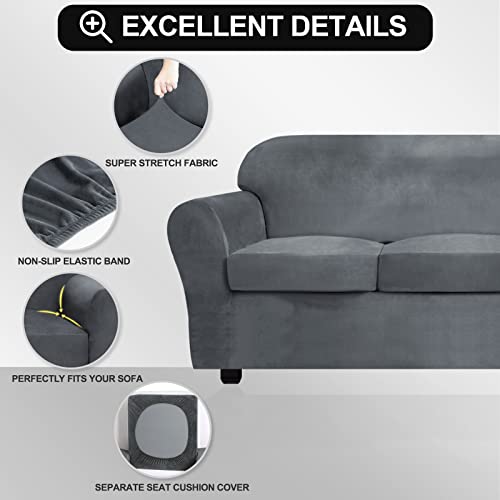 Festicorp Velvet Sofa Cover, Couch Covers For 3 Cushion Couch Sofa Slipcovers For Sofas With 3 Cushions, Stretch 4 Piece Couch Cover, Thick Furniture Covers For Dogs Pets, Sofa, Grey #TOP1