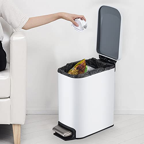 Siapapla Small Bathroom Trash Can With Lid,Step Pedal Stainless Steel Garbage Can,Slim And Narrow Rectangular Trash Bin,Inner Bucket For Bedroom,Kitchen,Office,1.6 Gal/6L,White #TOP3