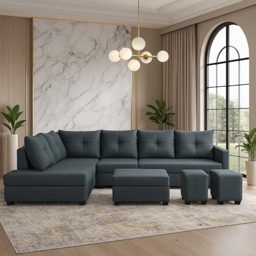 Image of SOCOZI Oriana 8 Seater LHS L Shape Sofa Set | Velvet Suede Fabric L Shape Sofa for Livingroom with 2 Ottoman & Centre Table | (Dark Grey)