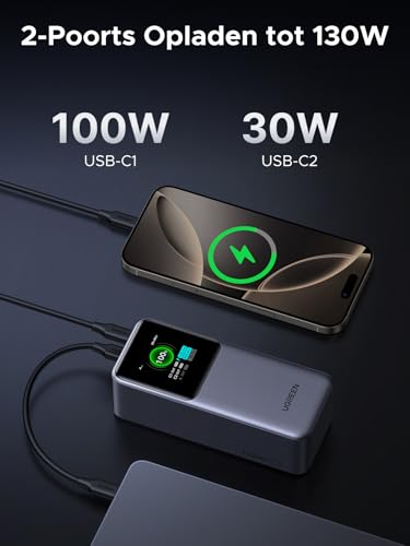UGREEN Nexode Power Bank 20000mAh 130W met 3 poorten, externe accu met digitaal display, USB C PD 3.0, compatibel met iPhone 16/15/14 Pro Max, Galaxy S24 Ultra, Macbook Pro, Dell, meer - Afbeelding 6