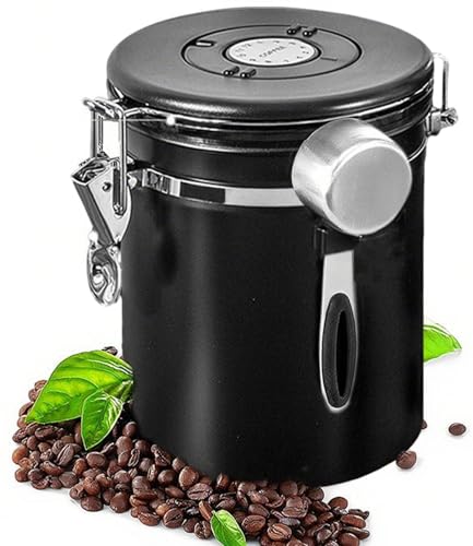 Besmall Lata De Café HerméTica De Acero Inoxidable De 1,8 L, Recipiente De Café Al VacíO, Recipiente De Granos Con Cuchara De Acero Inoxidable Y Registro De Tiempo