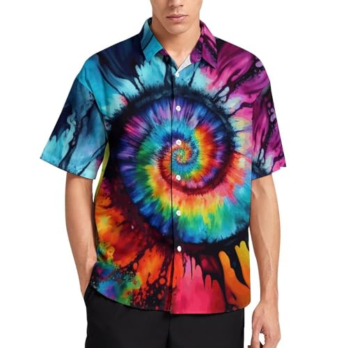 TiwBski Hawaiian Tie Dye Style Shirts for Men Rainbow Print Button Down Shirt Short Sleeve4