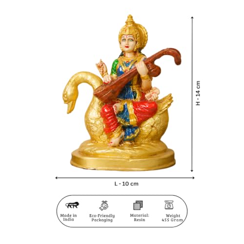 Image of Goddess Saraswati Idol with Veena & Swan (5.5 Inch) - Colorful Maa Saraswati Murti for Home, Office & Study Room
