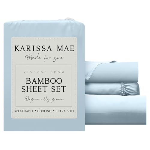Image of KARISSA MAE Luxury Bamboo Viscose Twin Size Sheet Set | FSC Certified | Cooling | Ultra Soft | 18 inch Deep Pockets | Elastic Corner Straps | Includes Organizer Band [Coastal Blue]