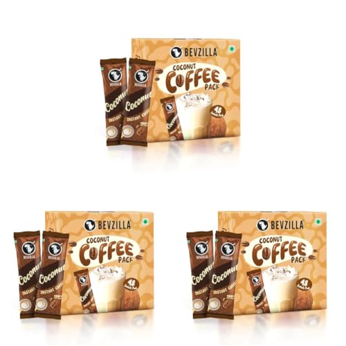 Image of Bevzilla 48 Instant Coffee Powder Sachets (Coconut) - 96 Grams | Makes 48 Cups| Arabica Coffee| Easy To Carry| Best For Espresso, Latte, Cappuccino|Enjoy Hot & Cold Coffee (Pack of 3)