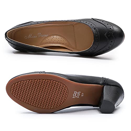 Mona flying Women's Vintage Leather Pump Chunky Heel Round Toe Office Dress Shoes for Ladies4