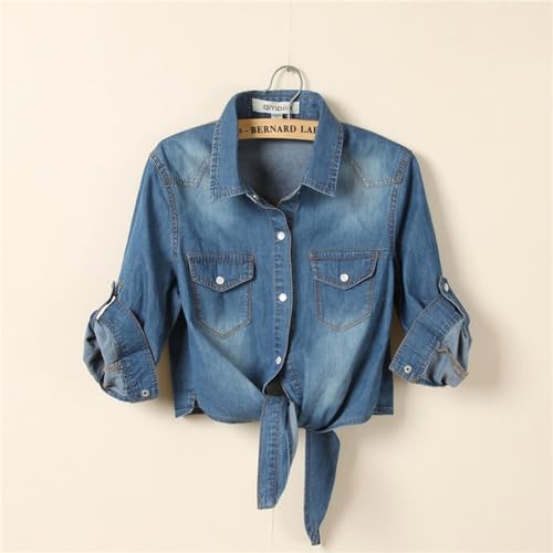 Women's 3/4 Sleeve Denim Crop Top Roll Up Tie Front Knot Shirt Chambray Cardigan Button Jean Jacket2