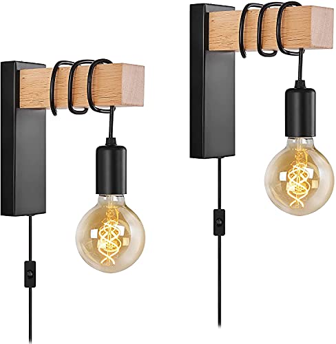 2 Piezas Aplique de Pared Interior Vintage, Apliques pared dormitorio con interruptor y enchufe, Lámpara de Pared de Madera y Metal Industrial para Sala de Estar Pasillo, E27, Máx. 60W, 220V, Negro