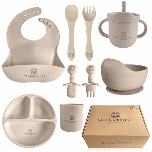 Image of Wee Bambinos Silicone baby feeding set, 10 pcs baby silicone feeding set, baby plates and bowls set, baby led weaning set, baby plates and utensils set, baby eating set, platos para bebes, Beige.