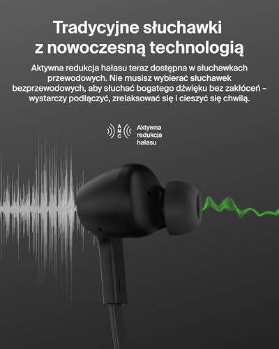 Belkin SoundForm ANC Słuchawki Przewodowe ze Złączem USB-C, Douszne z Mikrofonem – do Urządzeń iPhone 17, iPhone 16, iPad Mini, Galaxy S25, Google Pixel 9, Android i Innych – Czarne