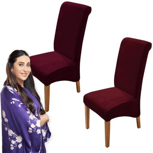 Image of HOKIPO Velvet Chair Covers for Long Back Dining Chair, Set of 2, Burgundy (AR-4760-BRGN*2)