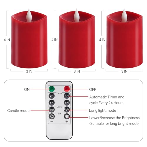 Image of 3x4 Flickering Flameless Candles Set of 3,Real Wax Pillar led Candles Flickering,4 inch Flameless Candles with Remote,for Party Wedding Holiday Home Decor,Red