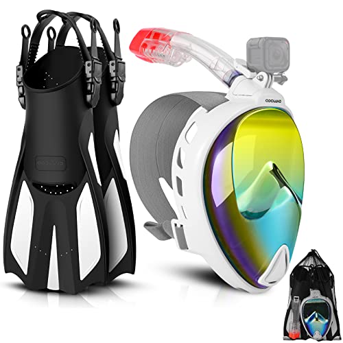 Odoland Snorkeling Packages, Diving Full Face Mask with Camera Mount, Adjustable Swim Fins, Mesh Bag, Anti-Fog Snorkel Set, UV 400 Protection, Dive Mask Fins Set for Men Women Adult,White Golden M
