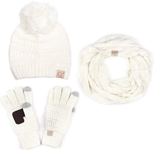 ScarvesMe 3pc Set Children Kid Toddler Trendy Warm Soft Stretch Cable Knit Pom Beanie, Scarves and Gloves Set Ivory