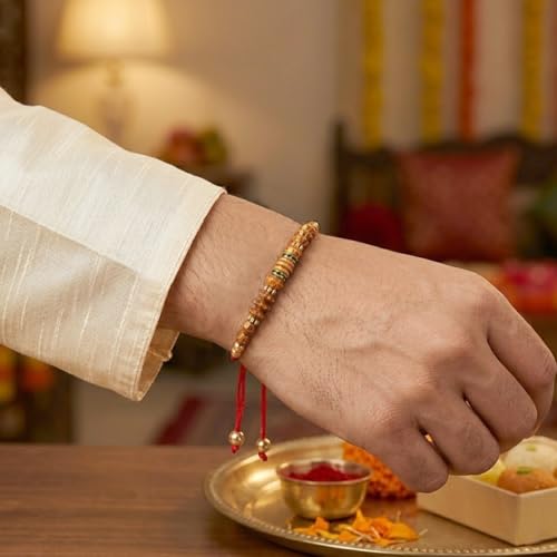Image of Peora Rakhshabandhan Thread Rakhi for Brother Bhaiya | Kundan Beads & Crystal Studded | Combo Set of 2 | Rakhi Hamper Roli Chawal & Greeting Card