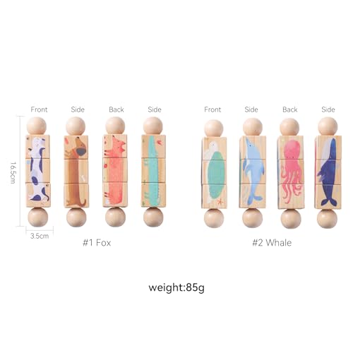 Image of Wooden Animal Puzzle Toy for Toddlers 1-3, Rotating Spin Twist Blocks Set of 2, Learning Educational Montessori Toy Gifts for Kids Boys Girls, Whale and Fox
