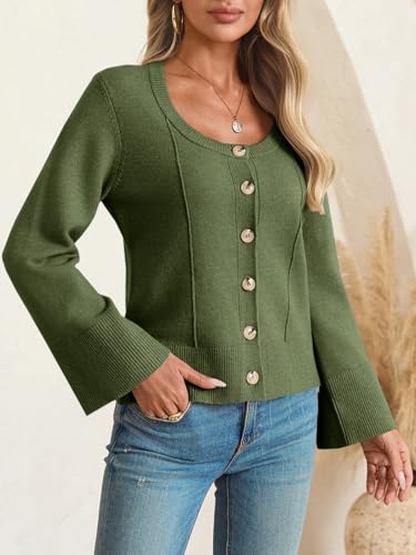 Image of Saodimallsu Womens Bell Sleeve Cardigan Sweaters Button Down Long Sleeve Fall Trendy Sweaters 2025 U Neck Knit Outwear