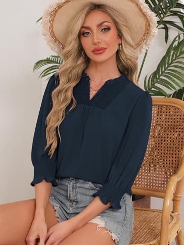 Funlingo Womens Tops 3/4 Sleeve Dressy Casual Blouses Boho Ruffle V Neck Lace Crochet T Shirts Summer Outfits Plus Size Spring Clothes Deep Blue XL — view 6