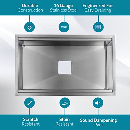 Strictly Sinks Undermount Workstation Kitchen Sink– Silver 32 Inch Scratch & Stain Resistant –16 Gauge With Single Bowl Bottom Grid, Wooden Cutting Board – Colander With Single Square Disposal Adapter #TOP5