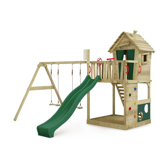 FATMOOSE Spielturm HappyHome Hot XXL mit SuperSwing, grün – aus Holz, für Kinder im Garten