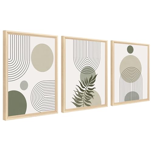 3Pcs Marco de Madera Cuadro Moderno Línea Geométrica Beige Verde Cuadro Decoracion Boho Abstracto Verde Salvia Minimalista Pintura Cuadros Decorativos Salon Dormitorio 40cmx60cmx3 (Sin Plexiglás)
