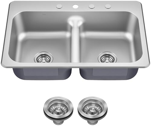 Image of KRAUS Premier 33-inch Drop In /Top Mount 50 /50 Double Bowl with Low Divide 18-Gauge Stainless Steel Kitchen Sink with Strainers (x2), KTM102-33