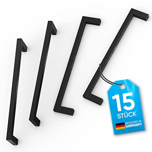 Living-Tec Schrankgriffe schwarz 15 Stück 128mm - Hochwertige Möbelgriffe aus vollem Edelstahl - Griffe für Küchenschränke, Küche, Möbel, Schränke - Küchengriffe im kantigen Design - Möbelgriff Metall thumbnail