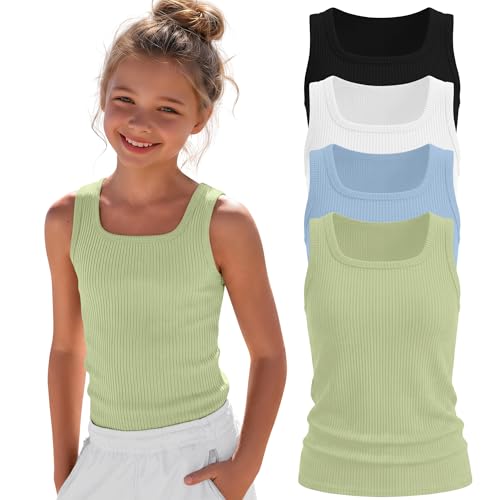 Oakgarden 4 Pack Girls Tank Tops Ribbed Shirts, 4-Color, 11-12 Years