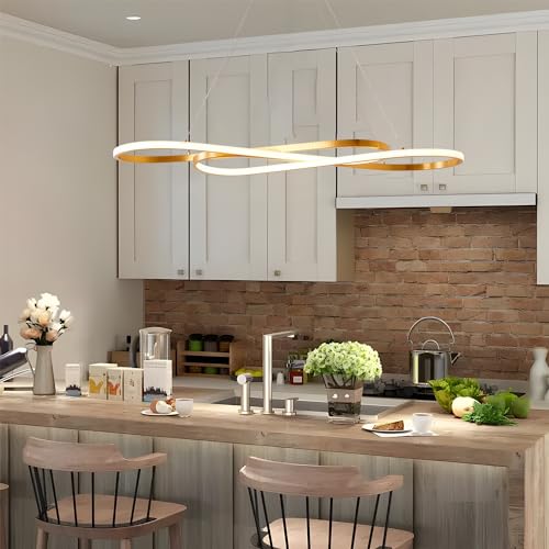 Image of Gold Led Chandelier for Kitchen Island Lighting,Dimmable Modern Chandelier for Dining Room, L39.4 inch Modern Led Pendant Light Fixture Height Adjustable Brushed Gold Dining Room Light Fixture Over Table