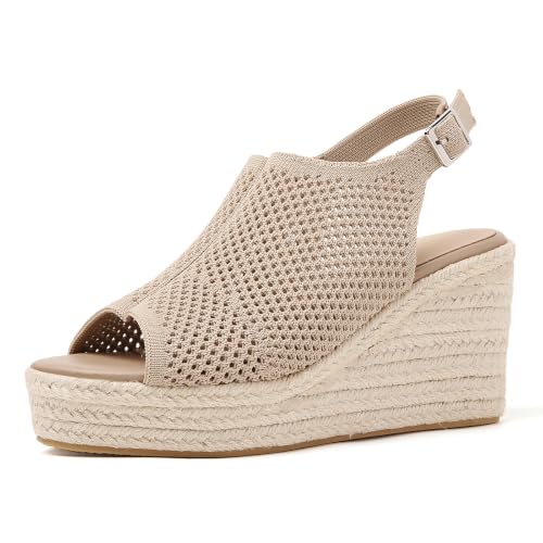 Image of Tilocow Womens Wedge Espadrilles Sandals for Summer | Peep-Toe,3.3 inch wedge heel, Casual Daily Wear,Cushioned Midsole for All-Day Comfort