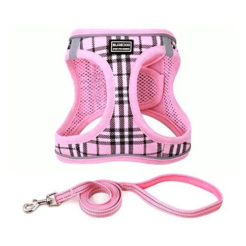 Suredoo Dog Harness and Lead Set, Step-in Breathable Reflective Puppy Cat Dog Vest Harnesses for Small Dogs (XL, Pink Plaid - Image 2