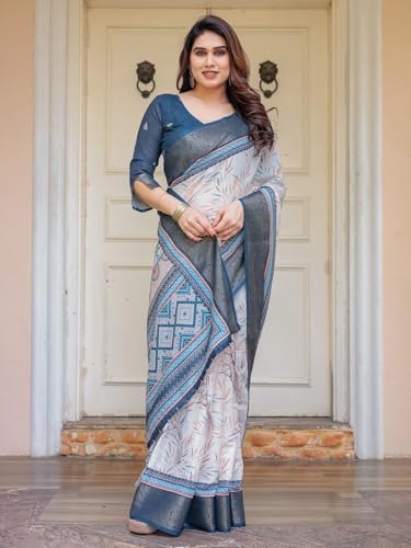 Image of ALMAARI FASHION Floral Printed Cotton Saree for Women with Handloom Zari Weave, Traditional Lightweight Ethnic Saree for Wedding Festive Office Party with Blouse Piece (LINEN 81-90 SH)