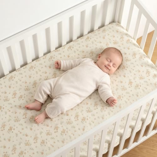 Image of Organic Baby Crib Sheets 52x28 Inches 2 Pack 100% Muslin Cotton Soft Boho Toddler Fitted Crib Bed Mattress Sheet for Baby Girls Fits Standard Size Crib Mattress 28x52 Inches Blossom & Grass Green