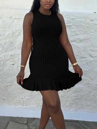 Nimsruc Women Summer Tank Dresses Sleeveless Crew Neck Casual Bodycon Mini Dress with Ruffle Hem4