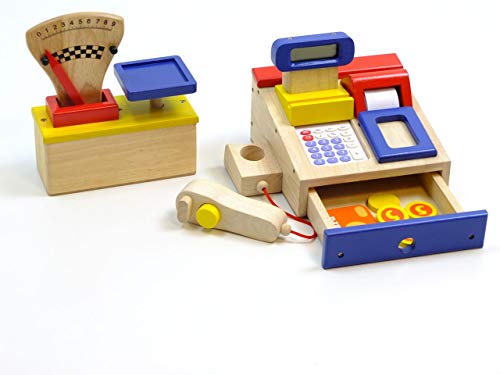 Unbekannt 2er Set Spielkasse und Kaufladen Waage aus Holz / Kasse mit integriertem Taschenrechner / Waage mit Gewichts… – Bild 4